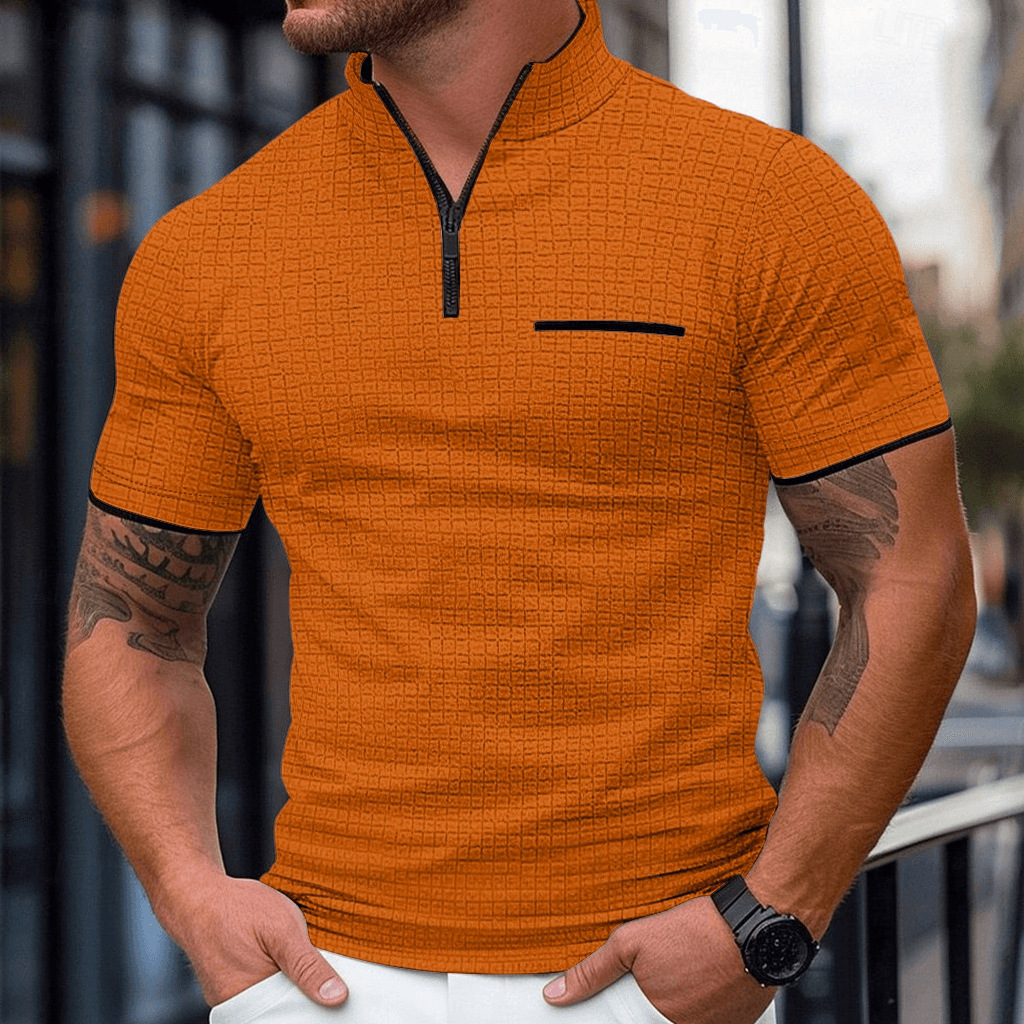 Polo monochrome pour homme - Collection printemps/été européenne/américaine, modèle phare à manches courtes, col montant et fermeture éclair._voghion.com