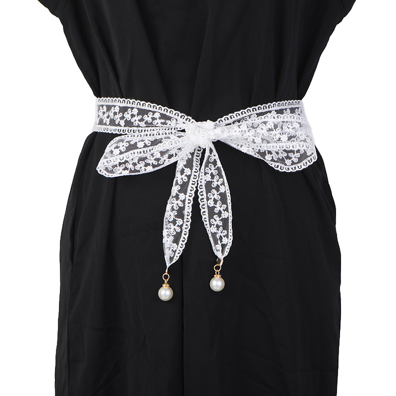 蕾丝腰带女士韩版时尚珍珠吊坠飘带女百搭装饰裙子捆扎蝴蝶结腰带