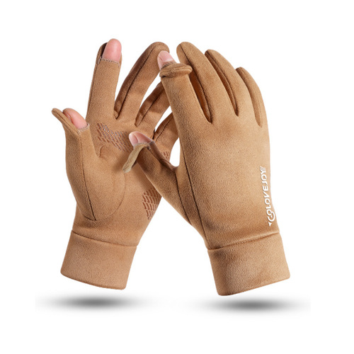 Suede gloves men's winter outdoor windproof plus velvet cold-proof flip-finger touch screen cycling gloves for women