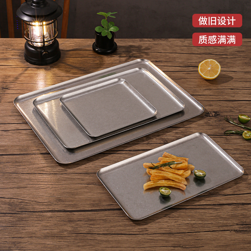 复古不锈钢长方形盘咖啡厅置物盘烧烤盘做旧ins工业风平底托盘|undefined