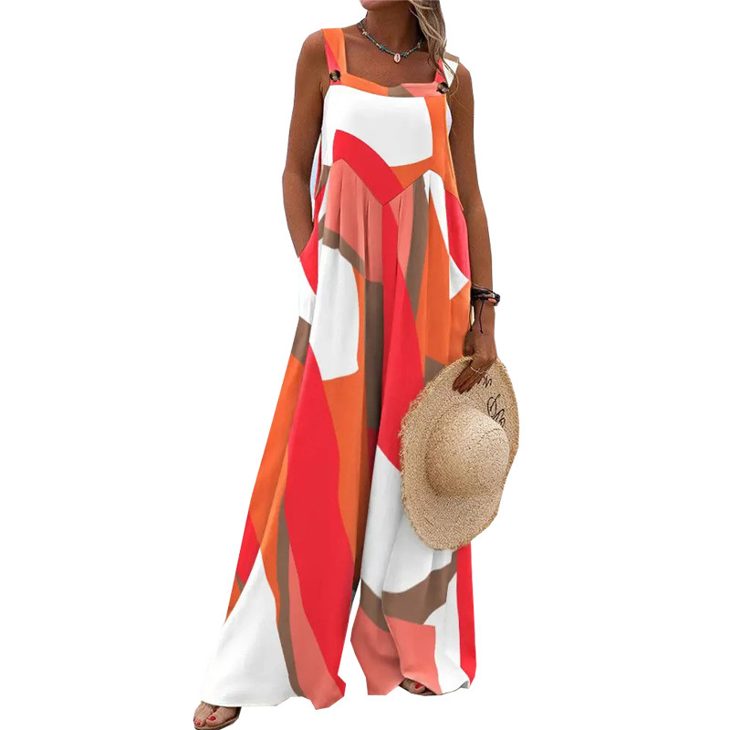 Mono de mujer estilo europeo y americano 2026, estilo vacacional, nuevo estampado de verano de Amazon, pantalón de pierna ancha con tirantes sueltos e informales. image 9