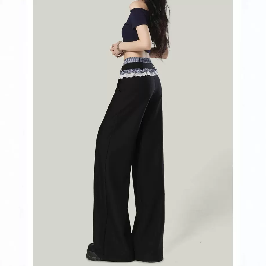 花边蕾丝拼接格子西装裤女春夏慵懒双裤头拼接阔腿裤高腰直筒长裤