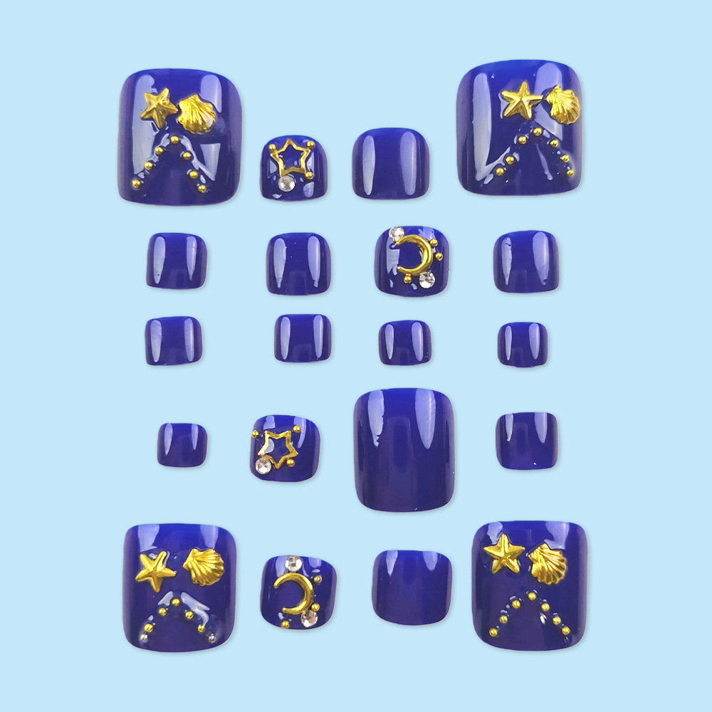 Explosiones transfronterizas de oro de color sólido Uña azul mar profundo Dream Star Moon Uña de los pies 24 piezas más vendidas Uña de uñas