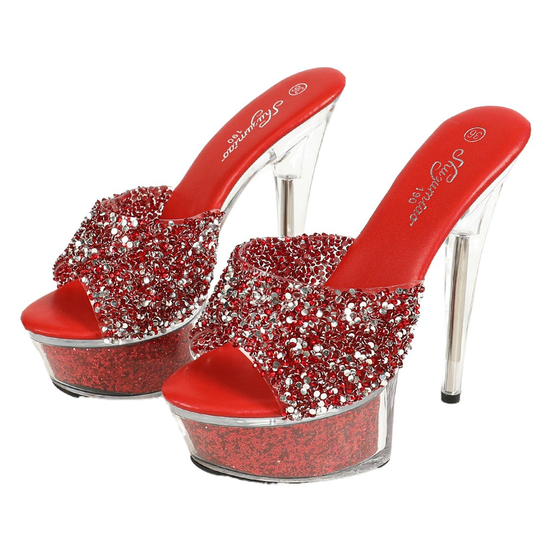 1099-A54 прозрачный кристалл горный хрусталь Супер Высокий Каблук 13 см летняя Женская водонепроницаемая платформа модель автомобиля Сексуальные Сказочные шлепанцы на шпильке