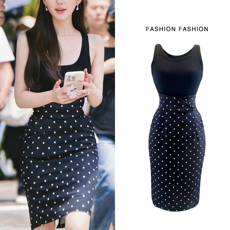 2024 Black Camisole U-Neck Top Women's Summer + High Waist Polka Dot Skirt Two-Piece Set