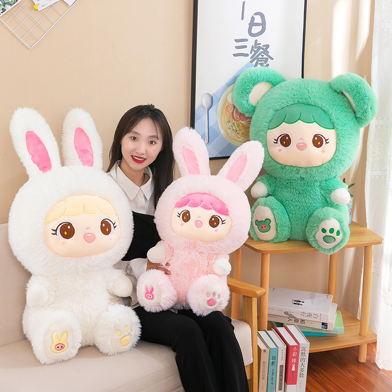 Nueva muñeca de conejo de pelo largo juguetes de peluche al por mayor linda muñeca de conejo prensado muñeca venta caliente transfronteriza regalo de cumpleaños