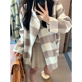 年小个子高级新款呢子大衣女2024感毛呢外套中长款秋冬季格子氨纶