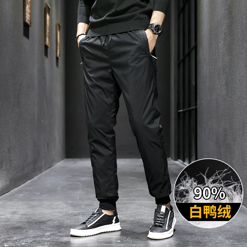 Пуховики для верхней одежды Мужские зимние утолщенные белые утиные брюки 2021 Уличные брюки до щиколотки Теплые брюки Эластичные длинные брюки Мужские