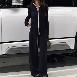 现货 瑟兰湾晴风藏蓝时髦运动外套长裤套装秋立领卫衣阔腿裤