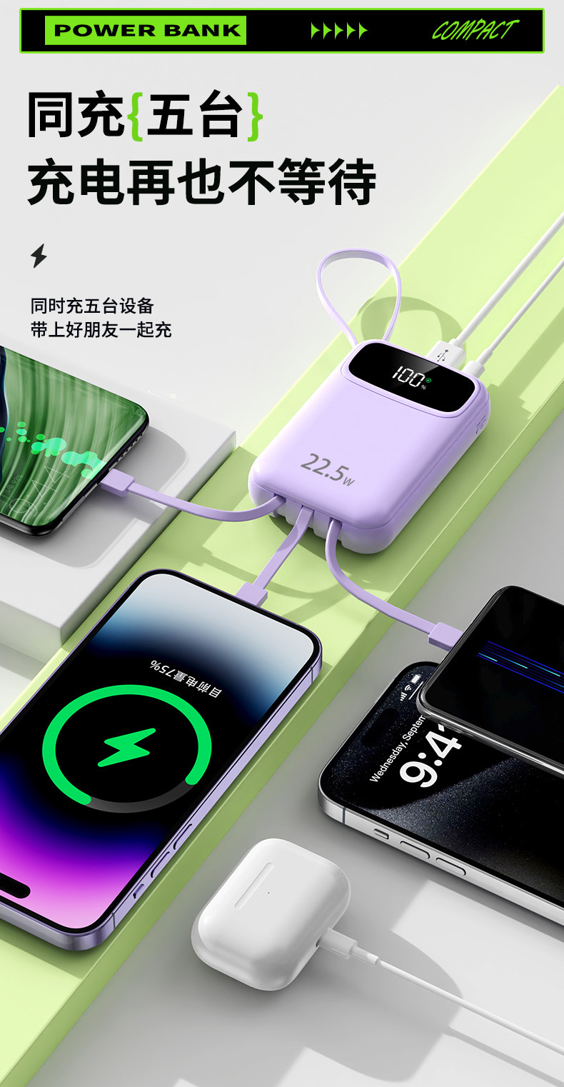 Grenzüberschreitende 3C-zertifizierte Powerbank mit integriertem Kabel, Schnellladung, 20000mAh, extra großes Fassungsvermögen, mobile Stromversorgung, individualisierbar