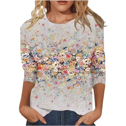 New 2025 Spring Amazon Cross-border Women's Fashion Print 7/8 Sleeve Loose Round Neck Casual T-shirt Top