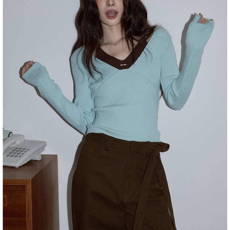 Noisy Home Korean-Style Mint-Colored V-Neck Short Knit Sweater for Women 2026 Spring Elegant Waist-Cinching Slim-Fit Long-Sleeve Top