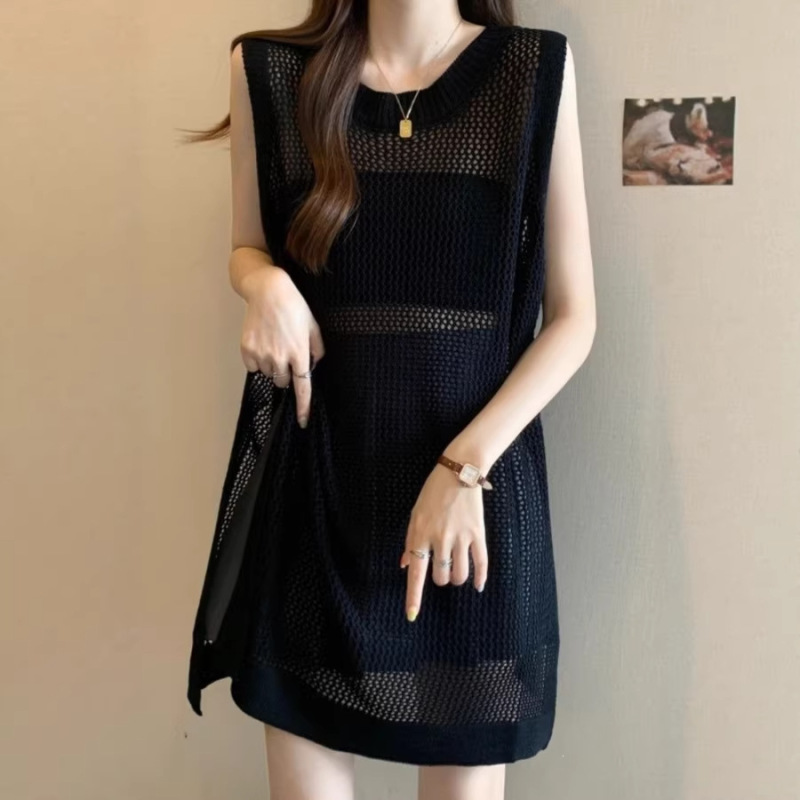 Round Neck Mid-Length Hollow-Out Knitted Vest Blouse for Women, Summer Plus-Size Loose Korean Style Gentle Versatile Slimming Top