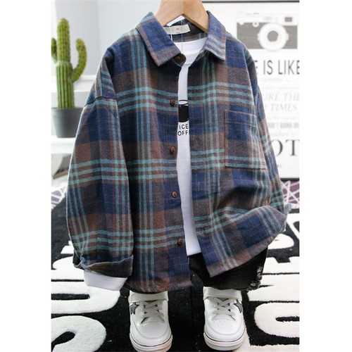 Boys' Long-Sleeve Shirt 2025 Spring and Autumn New European and American Children's Plaid Napped Collar Shirt Direct Supply One Piece Drop Shipping
