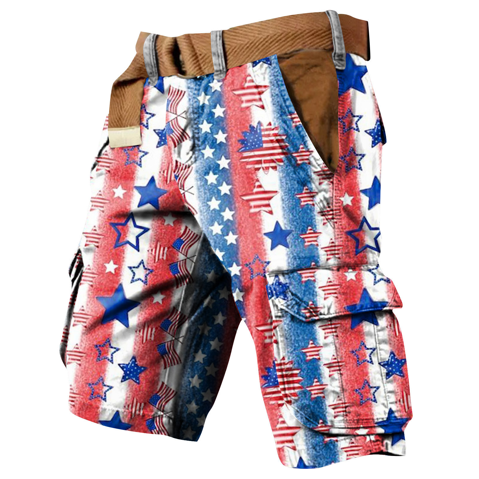 2025 European and American Cross-Border Men's Retro Flag Independence Day Multi-Flap Pocket Pants Printed Beltless Cargo Shorts Twill