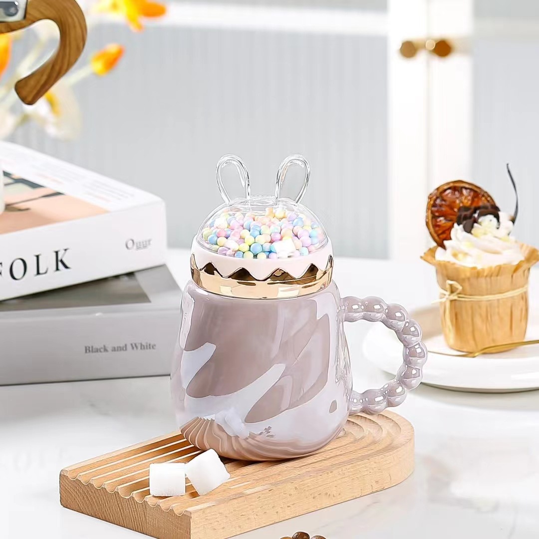 Estilo nórdico perla esmalte burbuja taza personalidad Orejas de conejo Internet celebridad chica corazón Oficina cerámica agua con mano regalo