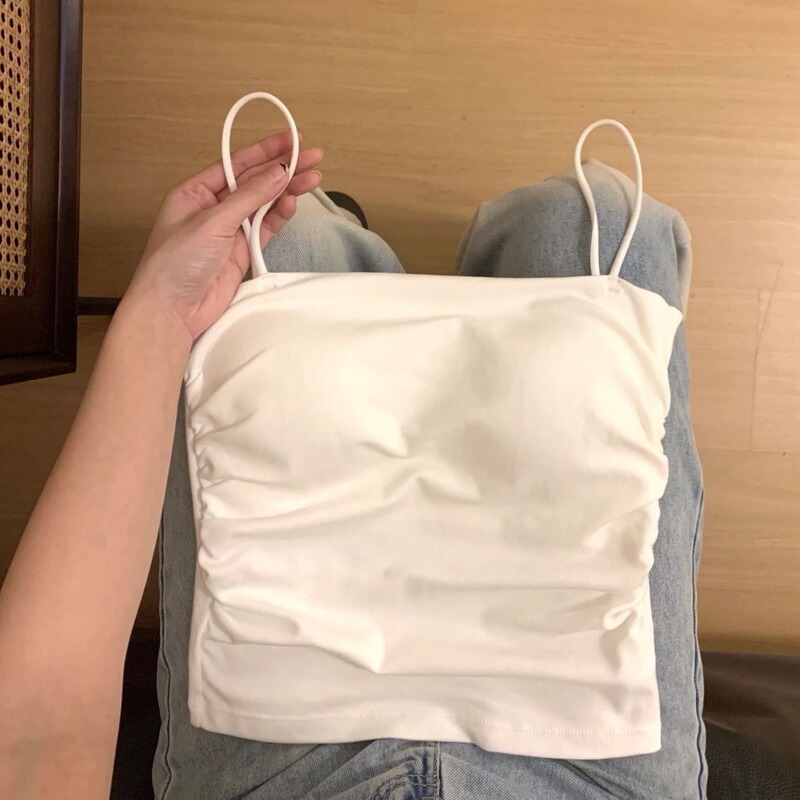 White Camisole Women's Summer Pure Spice Girl Slim-fit Slim-fit Sleeveless Inner Top Pleated Outer Wear with Chest Pad