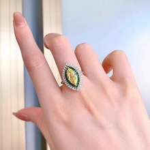 意大利工艺水滴高碳钻黄钻戒指女 豪镶祖母绿马眼造型双色金戒指