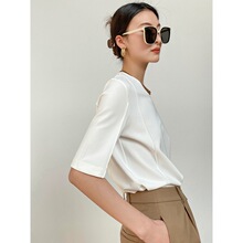 春夏T恤天丝罗马中袖女短袖设计感半袖圆领上衣免熨烫五分袖