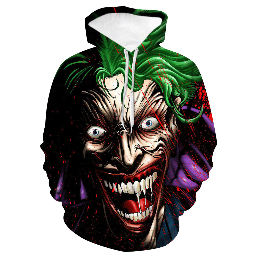 2024 Sudadera con capucha y cuello redondo suelto con estampado 3D de terror de payaso casual europeo y americano