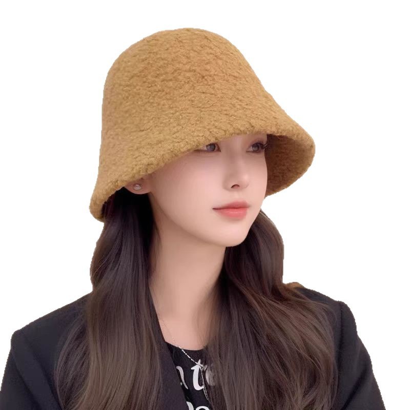 帽子女秋冬季羊羔毛渔夫帽黑色素颜显脸小水桶帽大脸保暖毛绒盆帽|undefined