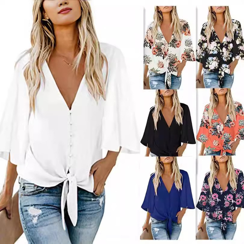 European and American Cross-Border Summer Elegant Work Clothing Sun Protection Loose Chiffon European and American V-Neck Knotted Shirt Beach Vacation Export European and American Cross-Border Summer Elegant Work Clothing Sun Protection Loose Chiffon European and American V-Neck Knotted Shirt Beach Vacation Export