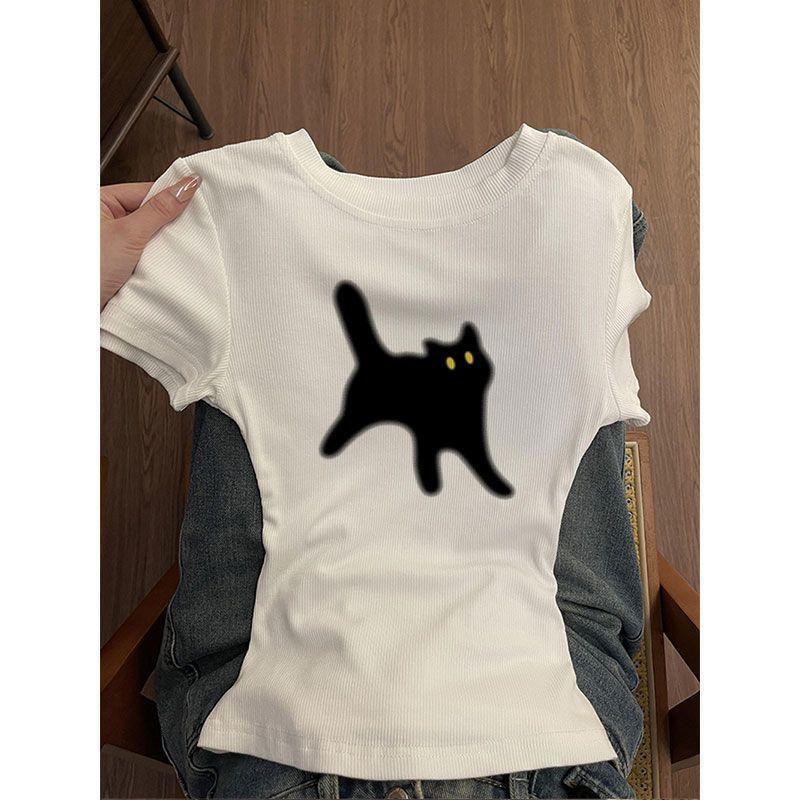 Summer slim-fit slimming base shirt for women, versatile top, retro white slim-fit round-neck short-sleeve T-shirt with regular shoulders Summer slim-fit slimming base shirt for women, versatile top, retro white slim-fit round-neck short-sleeve T-shirt with regular shoulders