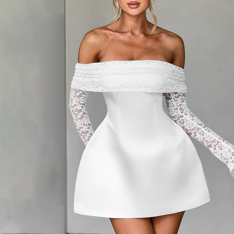 2025 verano nuevo estilo europeo y americano transfronterizo ropa de mujer de un solo hombro top de tubo de manga larga sexy vestido de encaje delgado en forma de A image 5