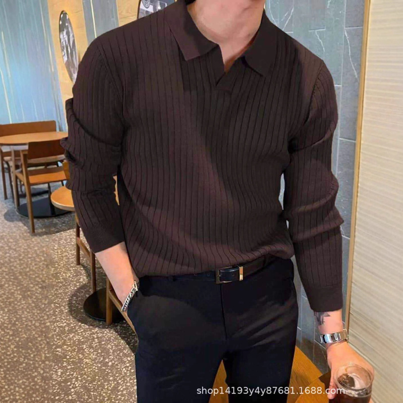 Cross-Border Wholesale Customized Autumn and Winter New Men's Lapel Daily Casual Fashion Sweater Long-Sleeved Knitted Shirt