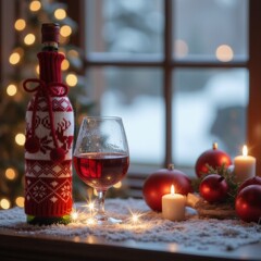 クリスマスの毛玉の赤い酒のカバーの毛糸のニットの装飾品のレストランの祝日のシーンはクリスマスの雪の赤い酒のカバーを手配します。