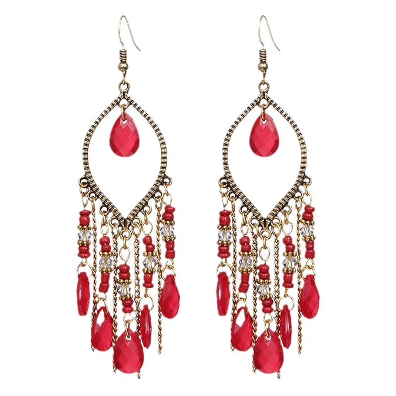 Cross-Border Bohemian Crystal Earrings, New Chinese-Style Ethnic Style Tassel Long Earrings, Dopamine Holiday Style Accessories