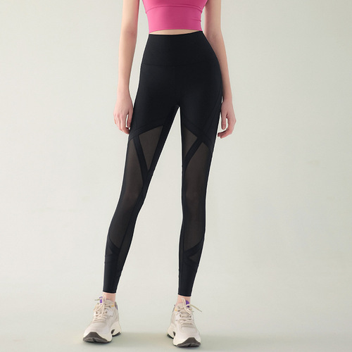 Cross-border sexy mesh yoga pants, high-waisted, hip-lifting, tight-fitting, slimming, spring and autumn thin outer wear sports trousers, trendy