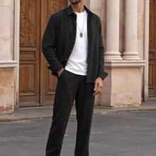 跨境欧美新款长袖长裤两件套翻领纯色百搭运动休闲男士套装高级感