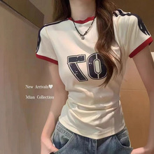 撞色印花美式圆领正肩短袖t恤球衣女夏休闲百搭运动修身显瘦上衣