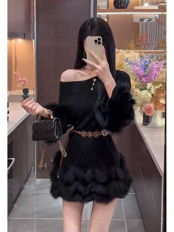 法式咖色毛绒袖口连衣裙搭配腰带两件套女秋冬季名媛气质纯欲套装|undefined