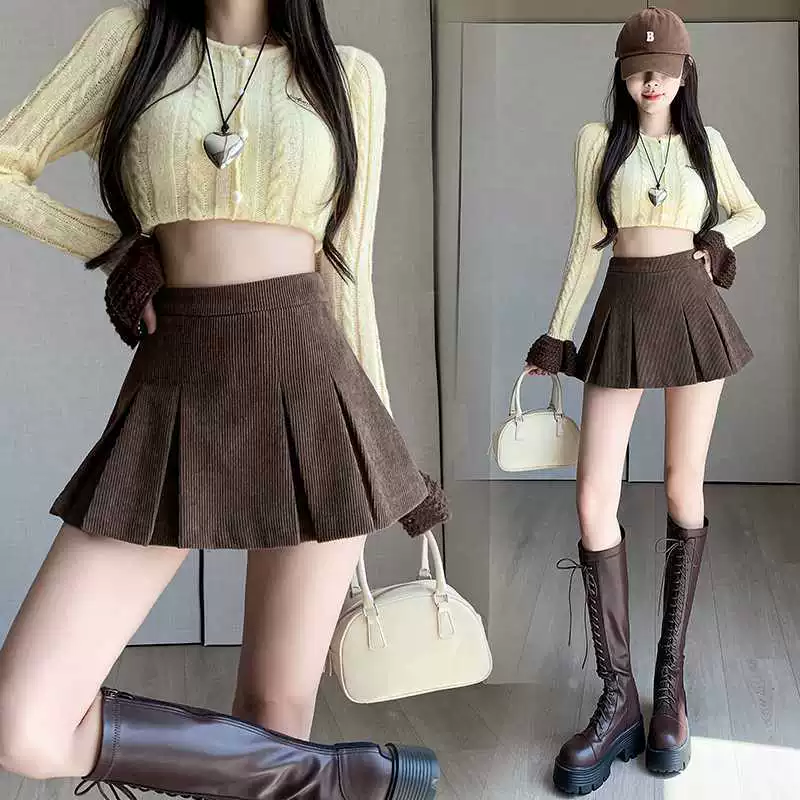 Короткая юбка Real Shot, Женская осенне-зимняя Вельветовая юбка с высокой талией, плиссированная юбка