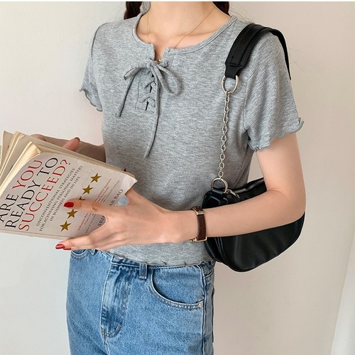 High-waisted Short-Sleeve T-Shirt for Women, Summer, Slim-Fit, Petite Design, with Ruffled Hem, Solid-Color Top