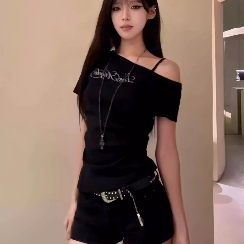 [210 г, 40 шт., тонкий хлопок 1] Новая летняя американская сексуальная футболка с короткими рукавами и косыми плечами, женский топ с буквенным принтом