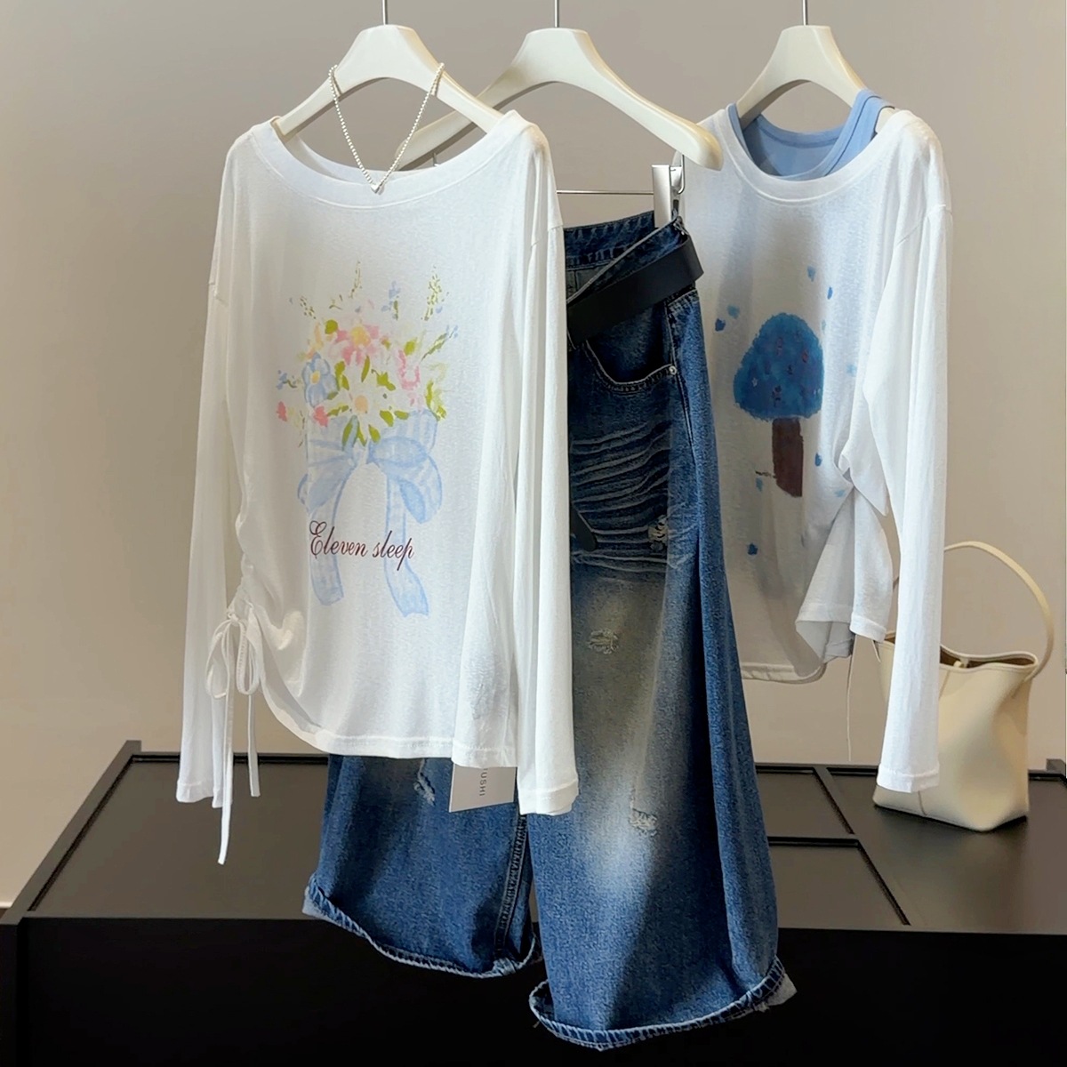 Women's White Off-Shoulder Long Sleeve Sun Protection T-Shirt Summer Loose Fit Drawstring Floral Print Cover-Up Top_ecoleips.com