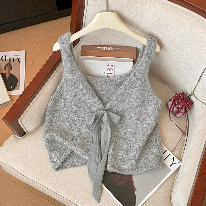 Grey Two-Wearing Knitted Vest Women's 2025 New Spring and Autumn Sling Outer Strap Top Stacked Vest Sweater