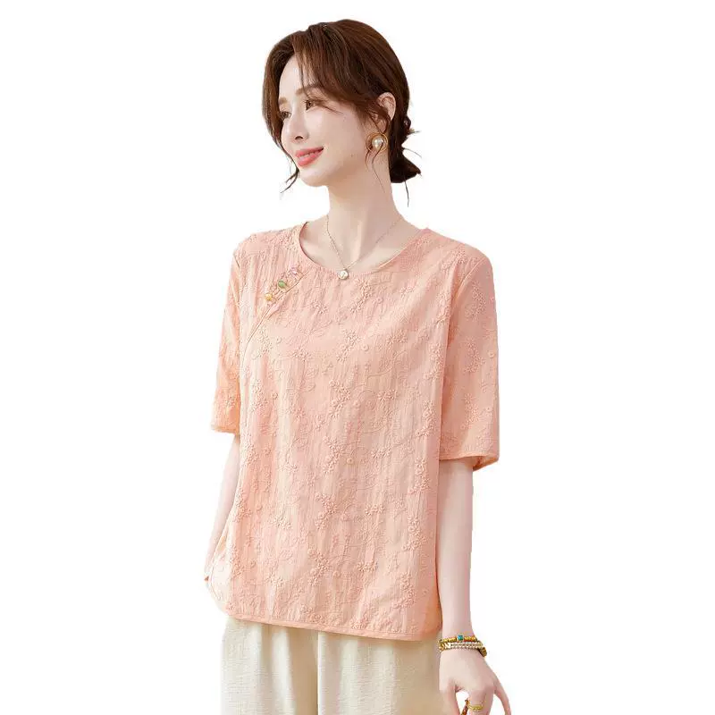 Новые женские рубашки с короткими рукавами в китайском стиле для женщин среднего и пожилого возраста для мам, новые летние женские розовые рубашки в китайском стиле