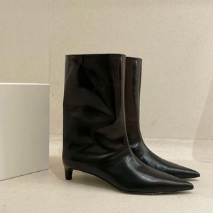 Sheepskin Version ~ Western Style Leather Pointed High Heel Mid-Heel Boots Women's French Wide Ankle Boots Knight Ankle Boots Martin Boots