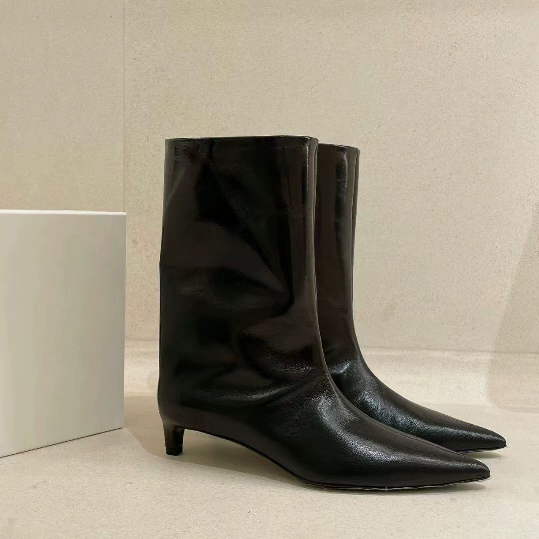 Стильные женские сапоги Xin Heng Zhan из мягкой кожи с острым носком на высоком каблуке, ботильоны во французском стиле с широкими штанинами, сапоги для верховой езды, ботинки в стиле «Мартин».