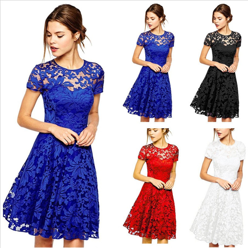 Wish Aliexpress Ebay European and American Summer Elegant Fashionable Round Neck Short-Sleeved Lace Dress