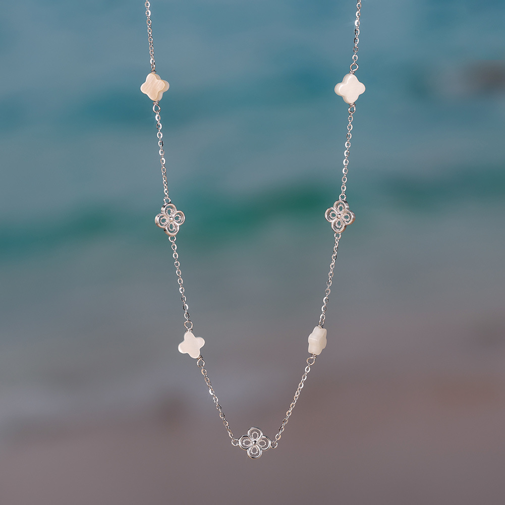 Pure Silver Four Leaf Clover Necklace For Women Natural Shell_voghion.com