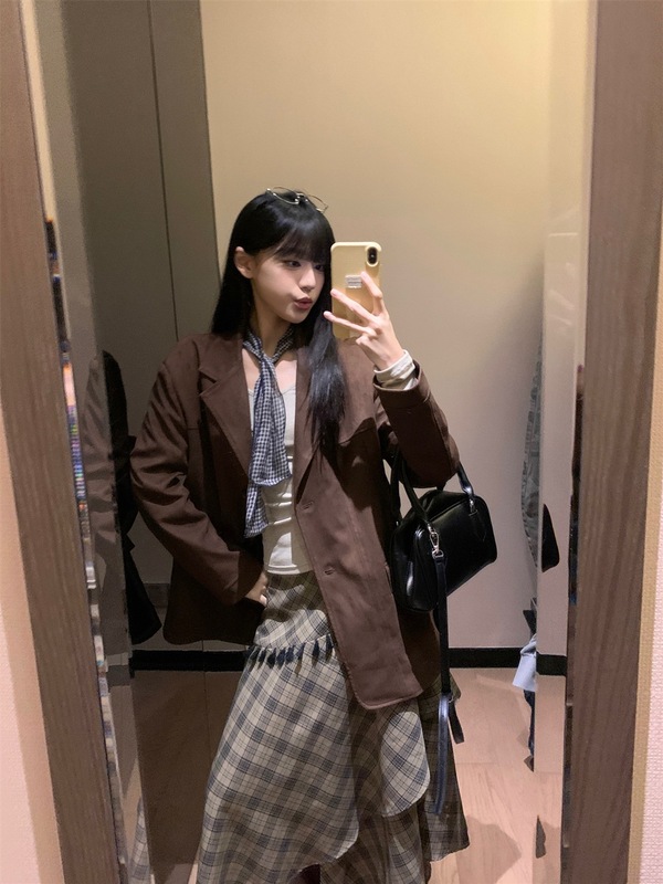 可甜可盐宽松长袖西装外套不规则格纹半身裙女2025秋季时尚套装潮|undefined