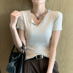 8710 夏の新しい韓国スタイルのハーフオープンカラースリム半袖 T シャツ女性のための小さなカジュアル多用途ショートトップ