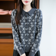 25年早秋新款亲肤绒POLO领针织开衫长袖女包扣提花设计感上衣外套