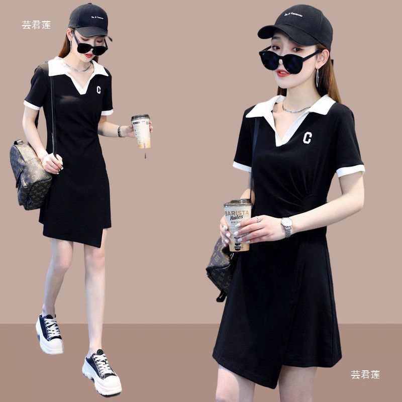 Новое платье с коротким рукавом и воротником-поло для женщин, лето 2025, утягивающее талию, плиссированный дизайн, V-образный вырез, большой размер, юбка средней длины