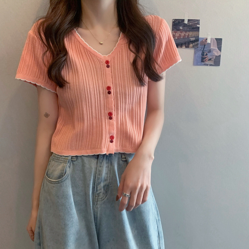 韓国の純粋な欲望デザインの女性用半袖ニットTシャツ2025新しい夏スタイルのスリムフィットショートトップ|undefined